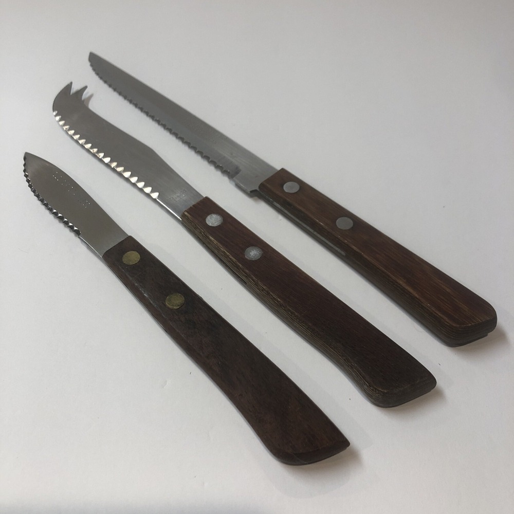 FORGECRAFT Steak Knife & 2 Other 5", 4", 2.5" Serrated Blades Japan Vintage
